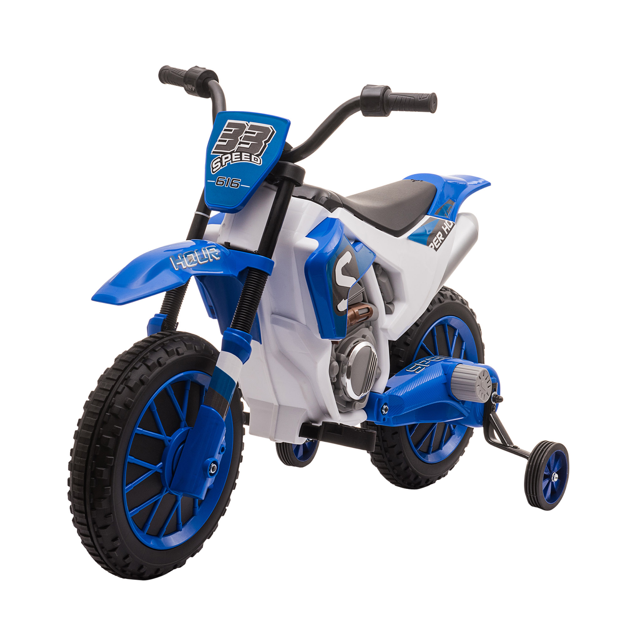 Una moto da cross giocattolo blu e bianca. Sfondo bianco.
