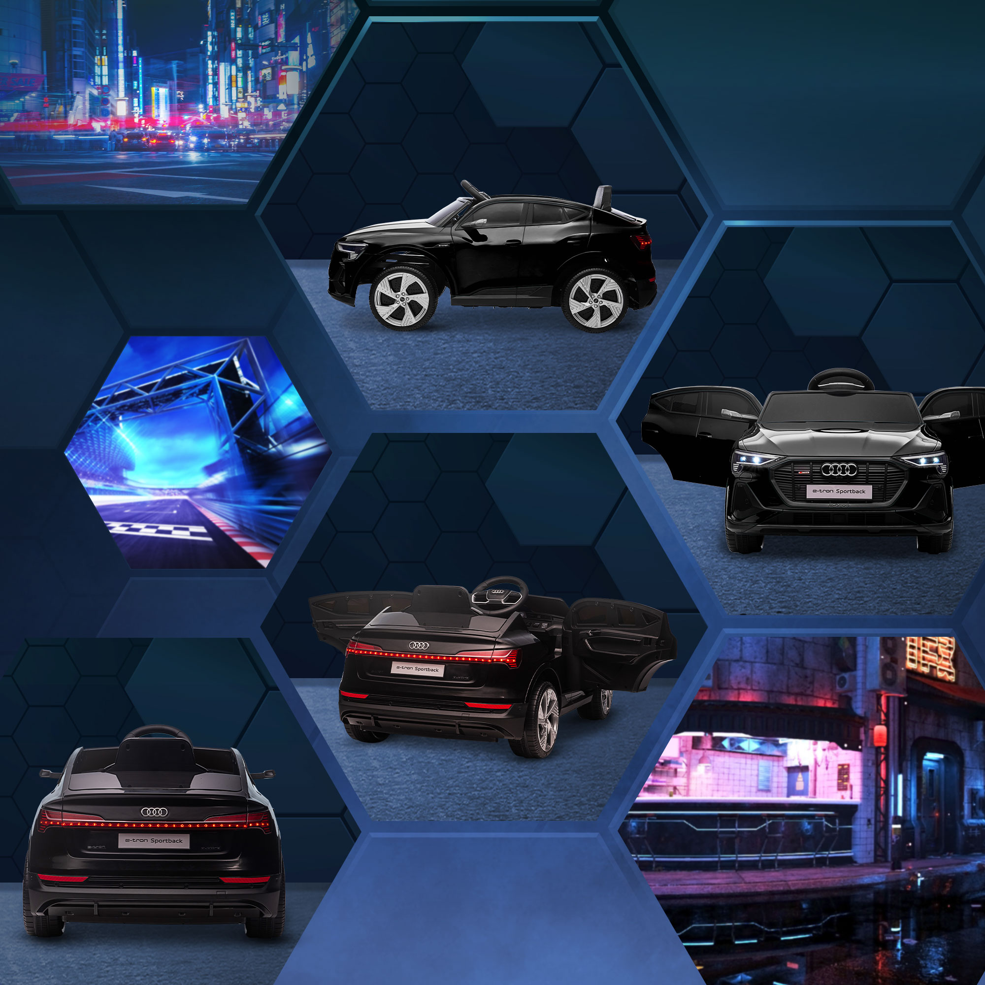 Collage di auto giocattolo, inclusi modelli Audi neri, con sfondo futuristico.