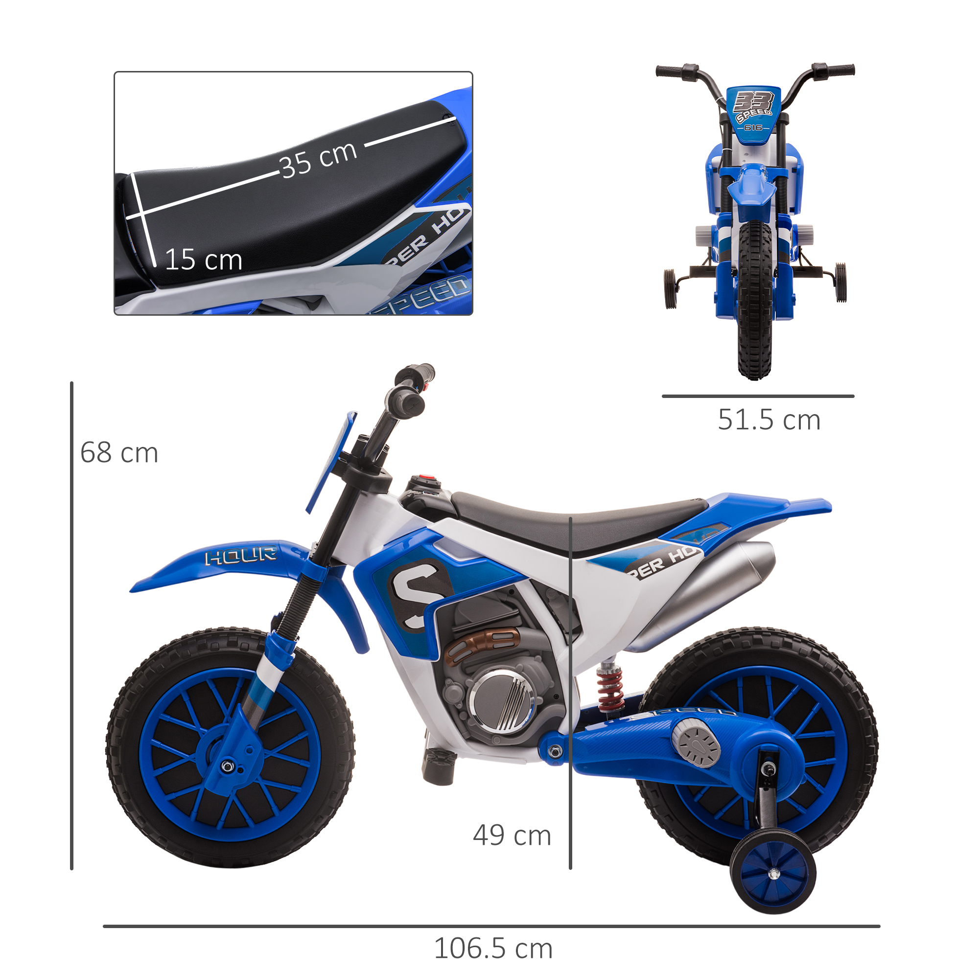 Una moto giocattolo blu e bianca con dimensioni è mostrata da più angolazioni.