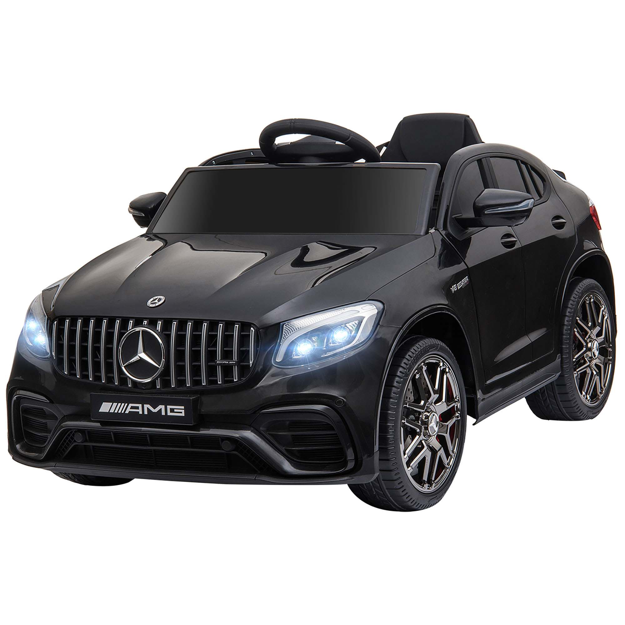 Un'auto giocattolo nera con tetto nero e logo AMG sulla griglia. Sfondo bianco.