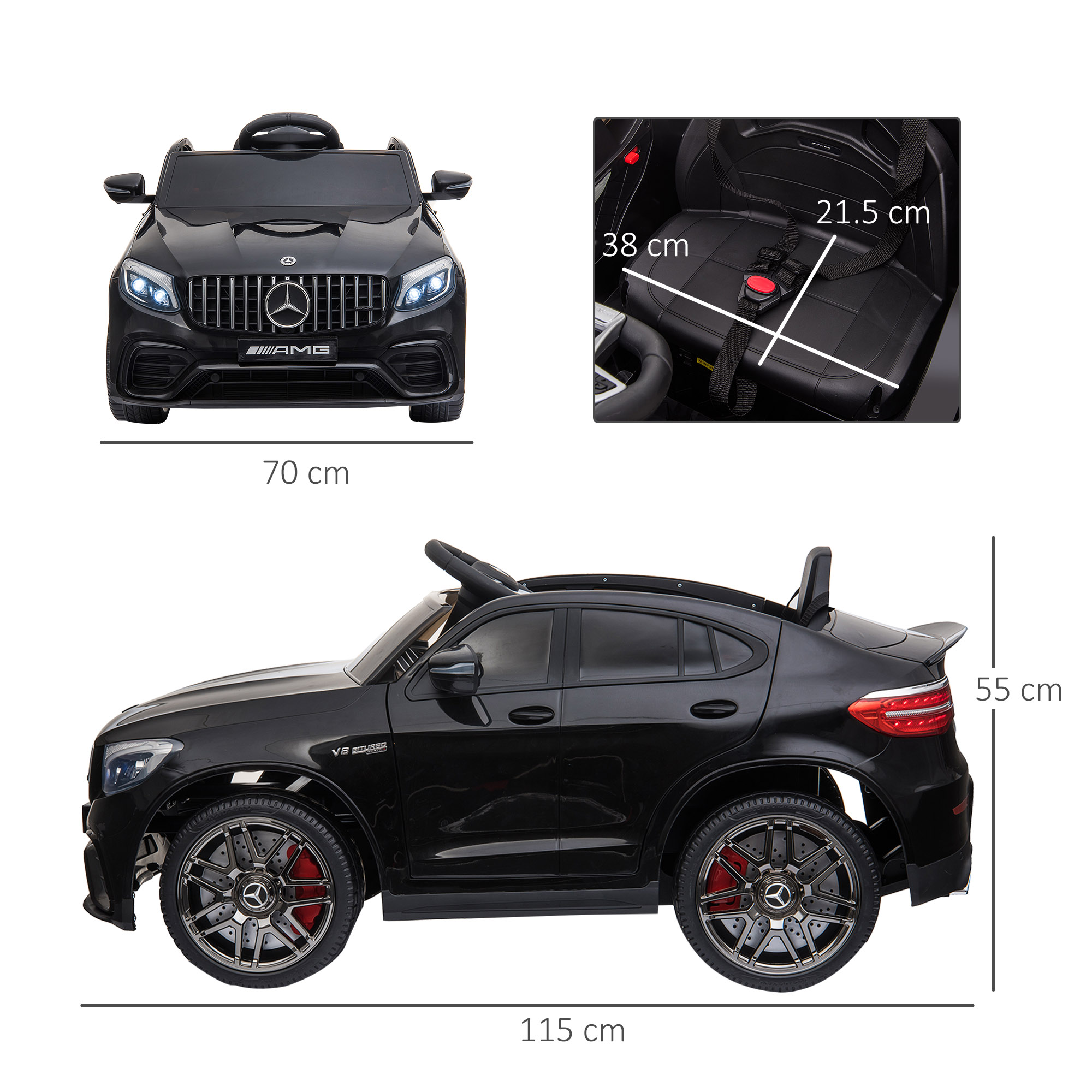 Auto giocattolo nera con dimensioni etichettate, interno nero, vista anteriore e laterale.