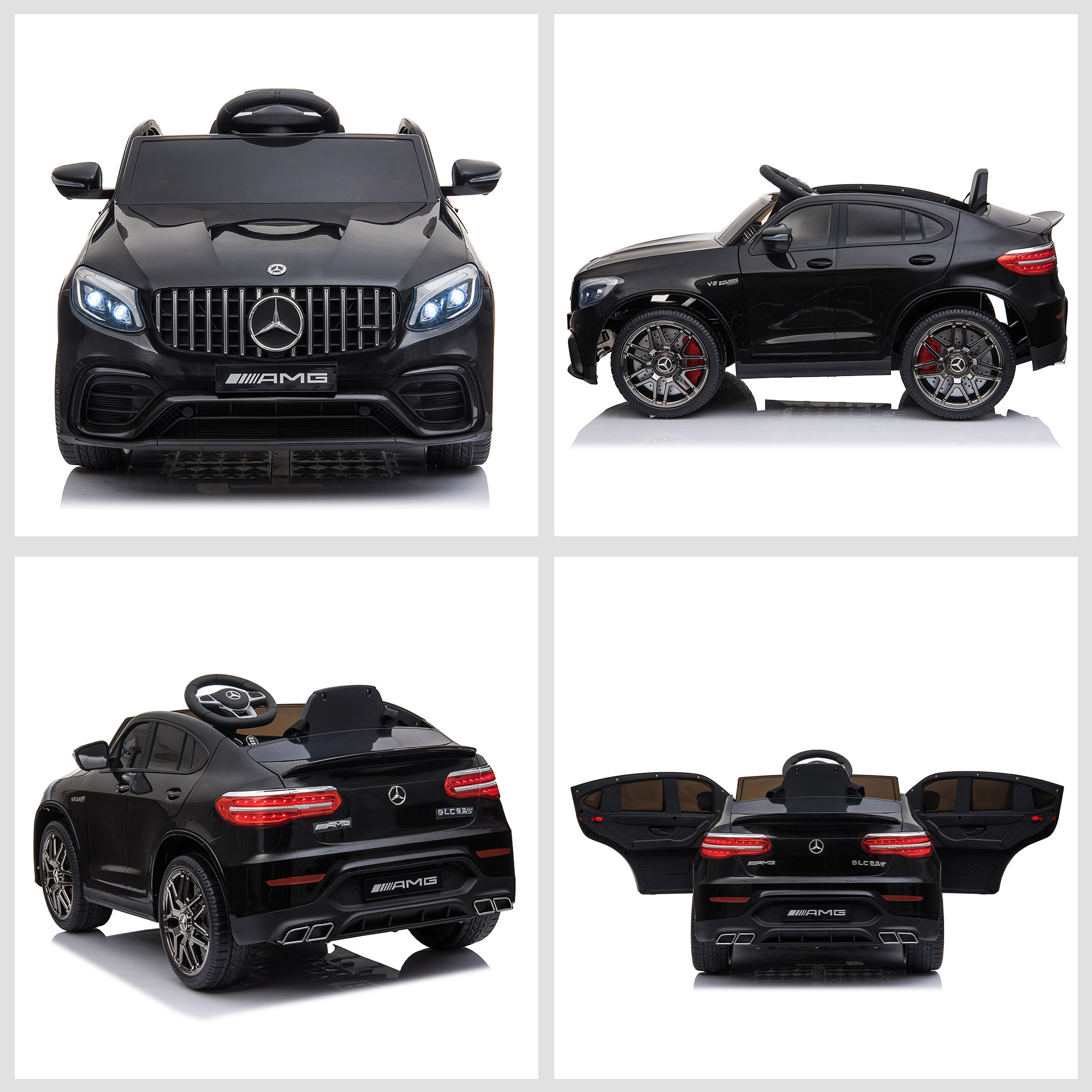 Più viste di un'auto giocattolo Mercedes-Benz AMG nera che mostrano dettagli da diverse angolazioni.