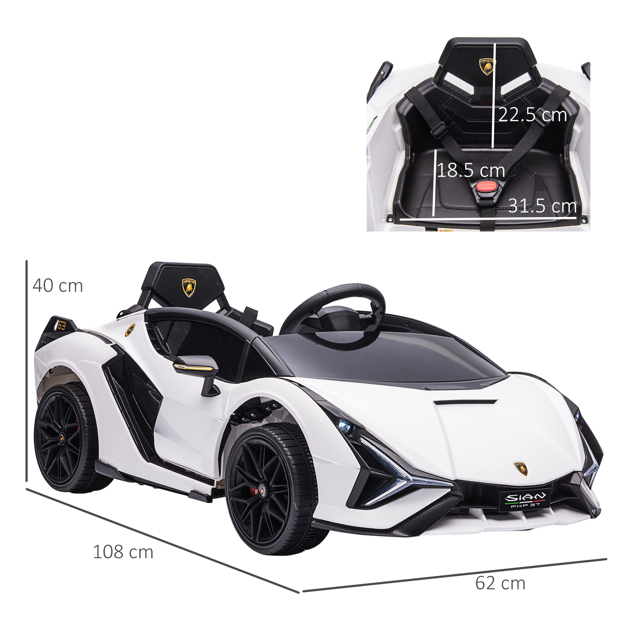 Auto giocattolo bianca con dettagli neri e sedile bianco. Mostrando le dimensioni dell'auto.