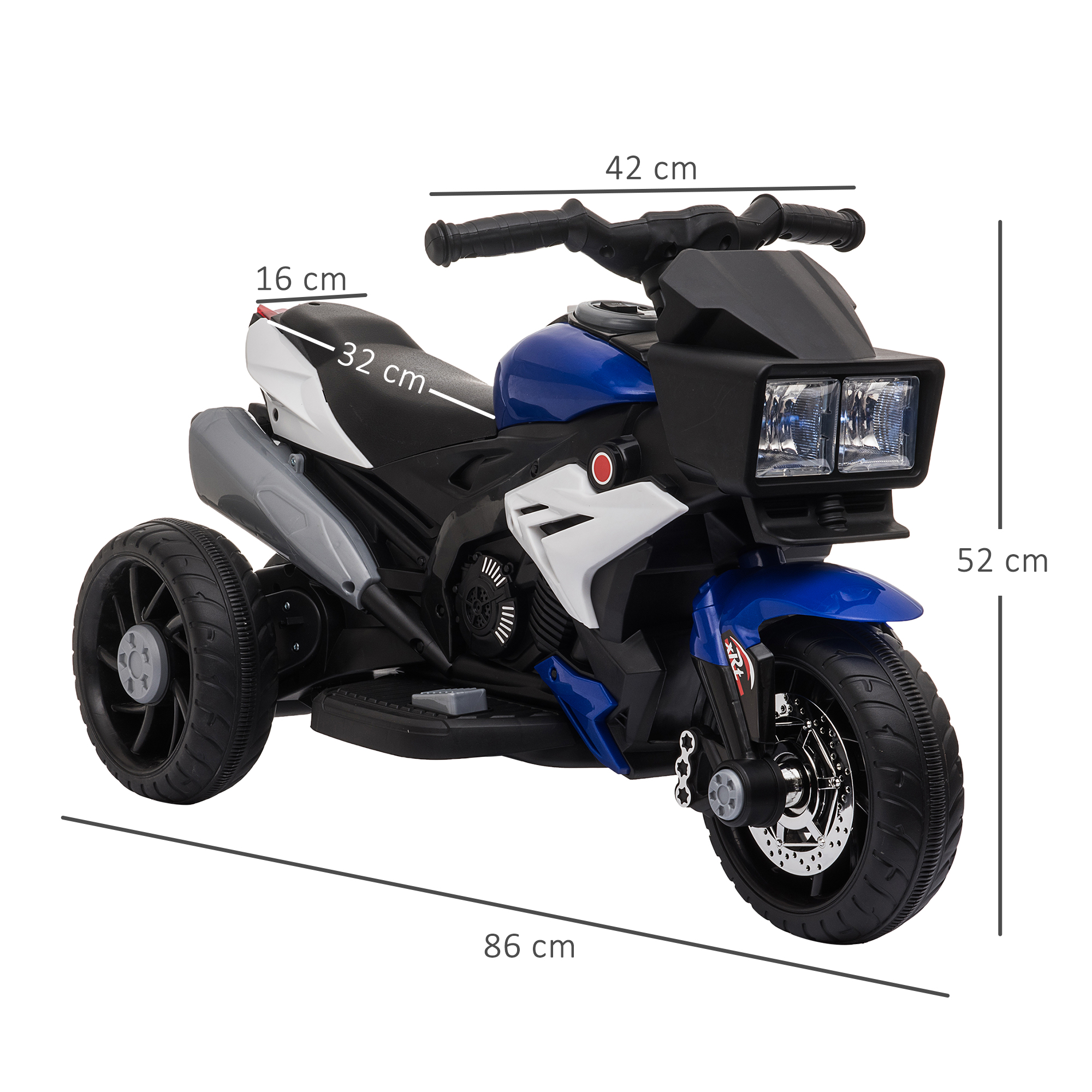Una moto giocattolo blu e bianca con dimensioni. Sfondo: una superficie bianca.