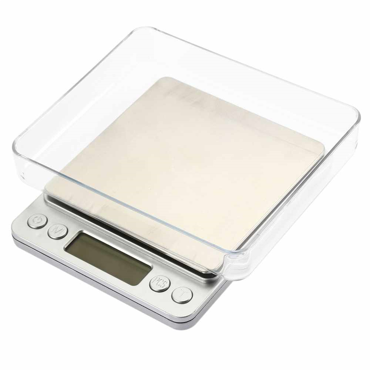 Eine digitale Küchenwaage mit einem transparenten Behälter oben drauf.
