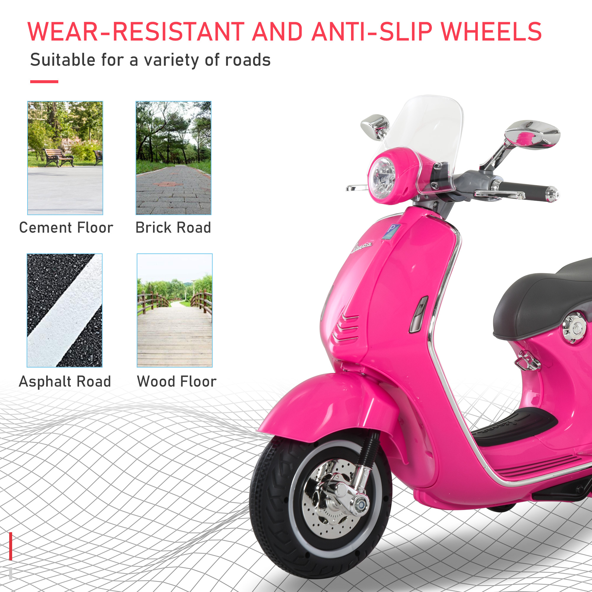 Un monopattino giocattolo rosa su varie superfici stradali. Lo scooter è su uno sfondo a griglia.