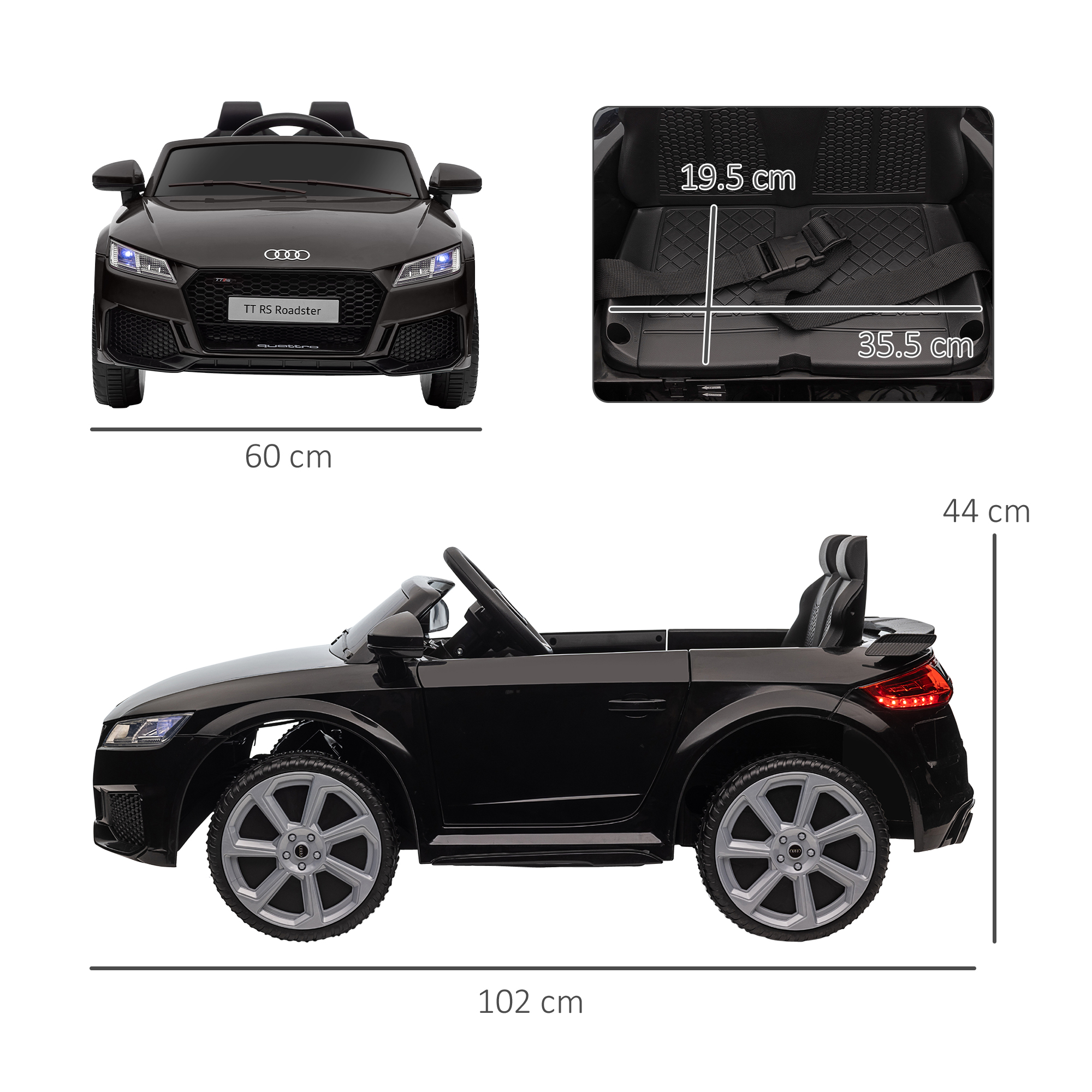 Auto giocattolo nera con dimensioni. Lo sfondo è bianco. La parte superiore mostra il sedile.