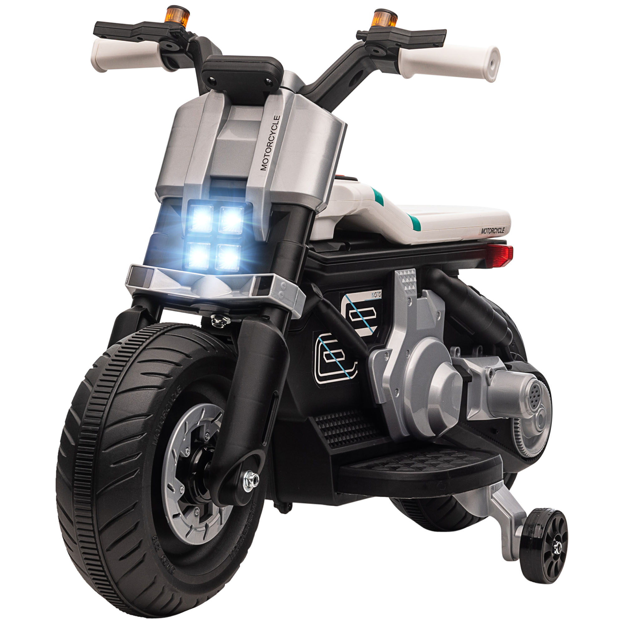 Una moto giocattolo, nera e argento, con luce anteriore accesa. Sfondo bianco.