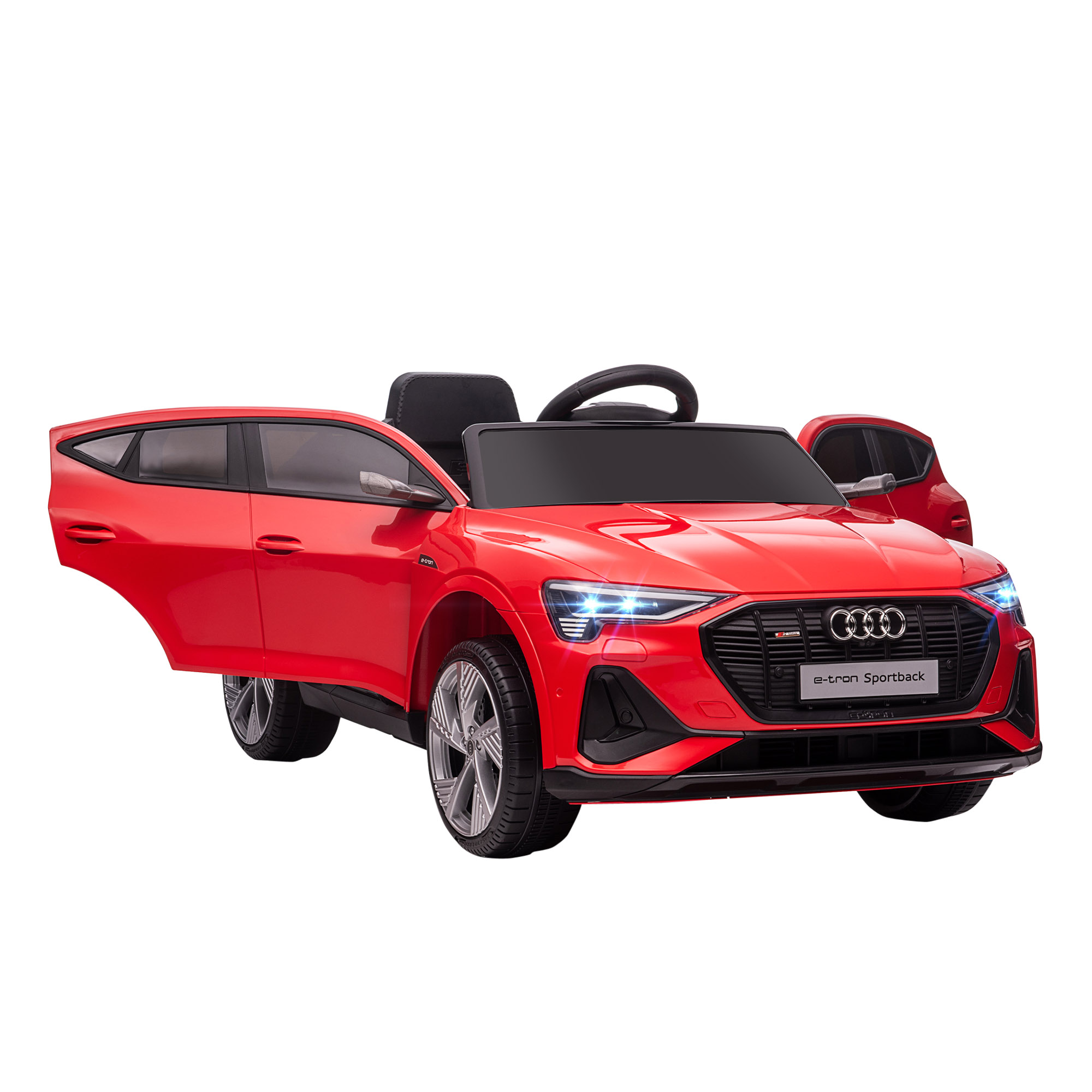 Auto giocattolo rossa, porte aperte. Ruote argentate, tetto nero. Isolato su sfondo bianco.
