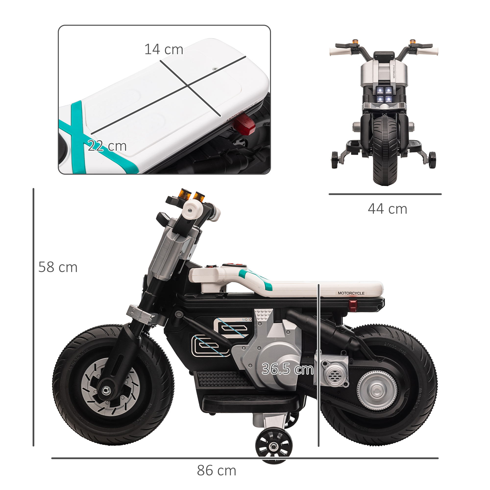 Una moto giocattolo in bianco e nero con misure indicate. Ha un sedile bianco e una piccola ruota anteriore.