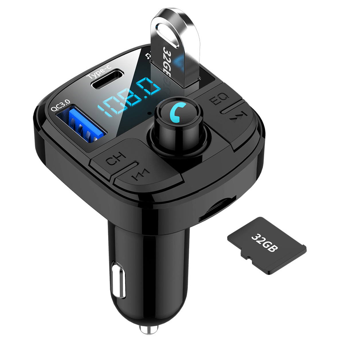 Schwarzes Autoladegerät mit USB-Anschluss und 32GB Speicherkarte auf weißem Grund.