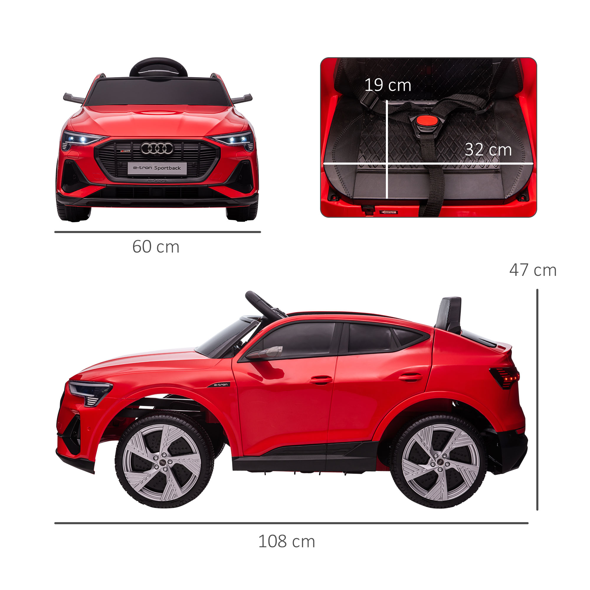 SUV Audi giocattolo rosso con dimensioni etichettate. Vista dall'alto del sedile con cintura di sicurezza.
