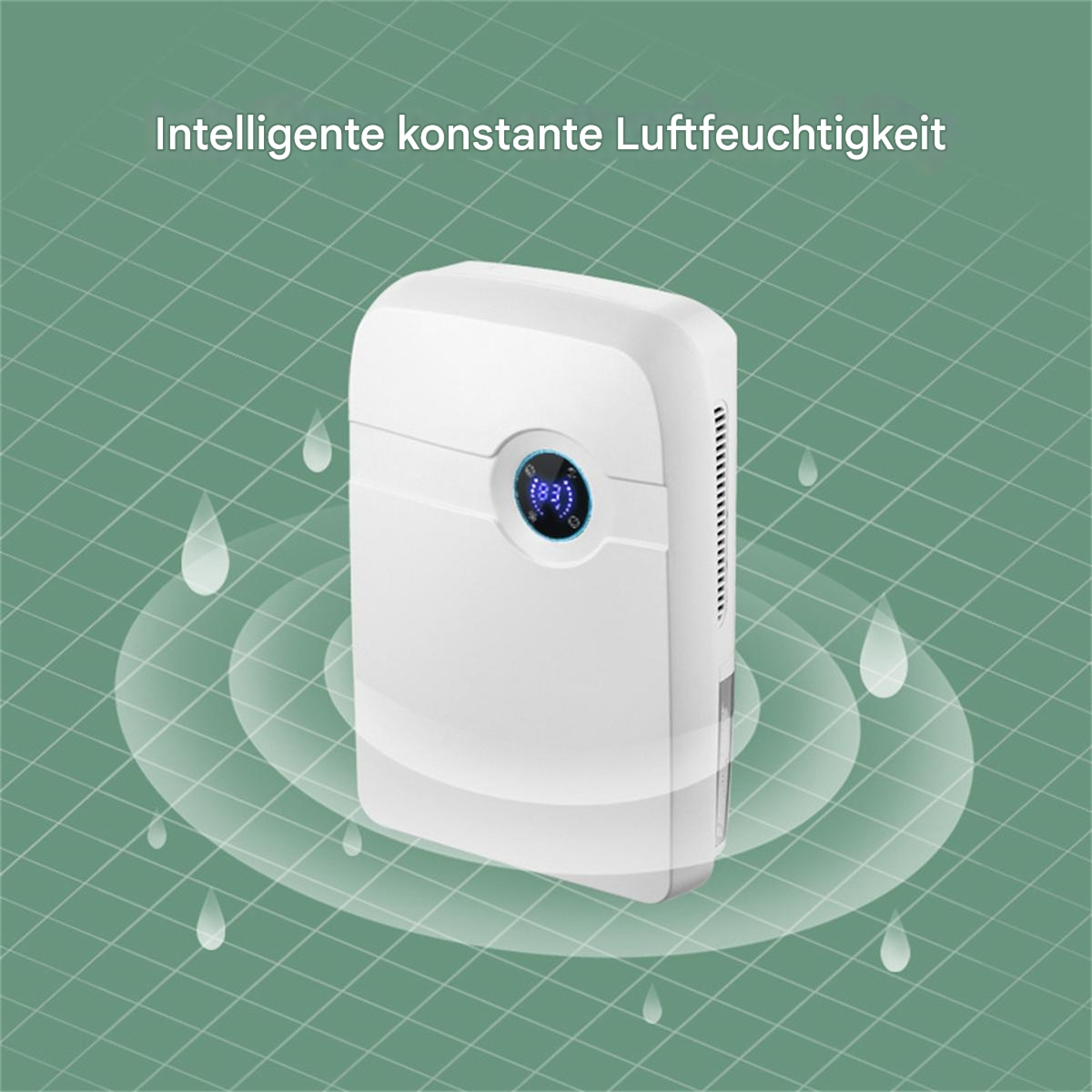 Weißer Luftentfeuchter mit blauem Display. Er steht auf einer grünen Oberfläche mit Wassertropfen-Illustrationen.