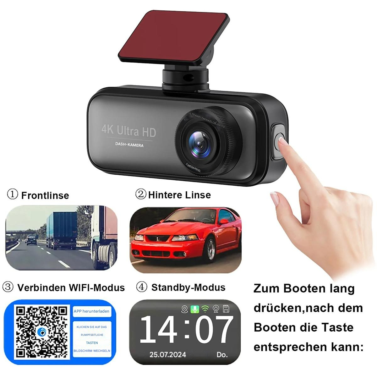 Eine schwarze Dashcam mit rotem Aufsatz und Bildschirm, mit Illustrationen und Textbeschriftungen.