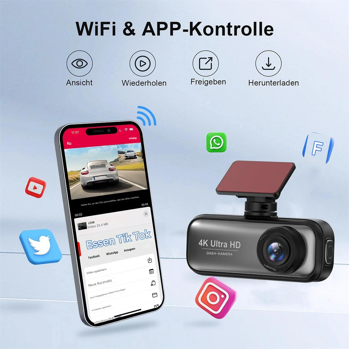 Smartphone, das Autovideo anzeigt, und eine 4K-Dashcam mit Symbolen.