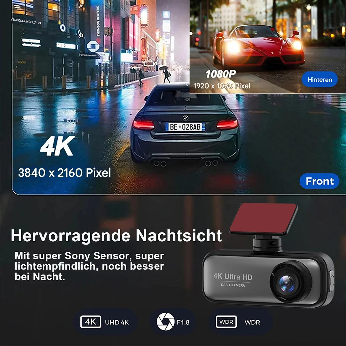 Auto-Dashcam mit Front- und Rückansicht. Text über Nachtsicht. Schwarz-rotes Design.