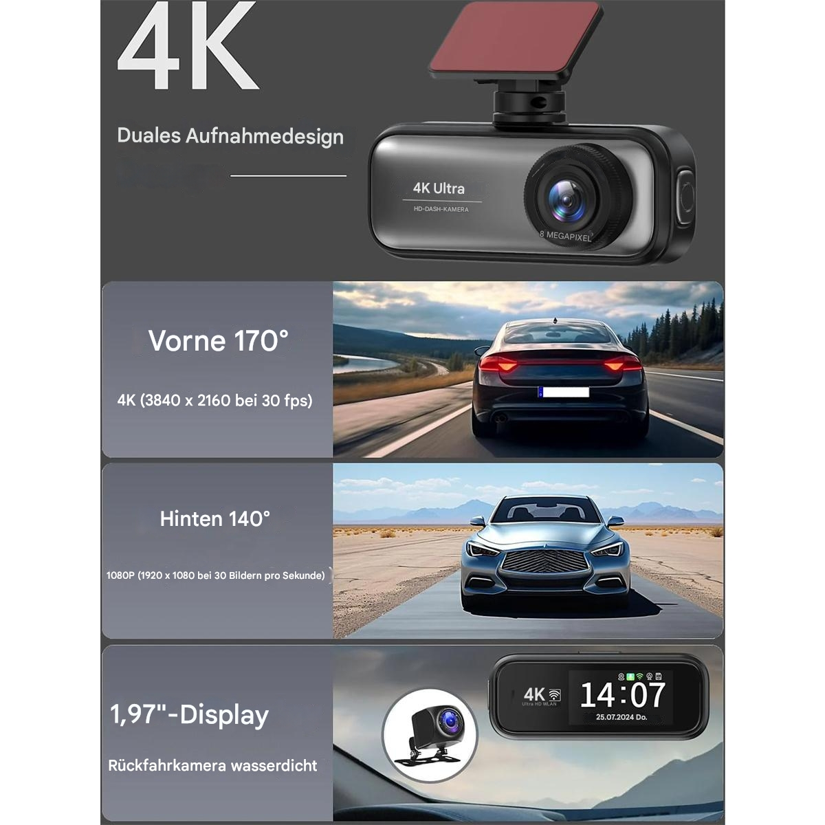 Dashcam mit Display und zwei Autos im Hintergrund. Das Display zeigt die Uhrzeit.