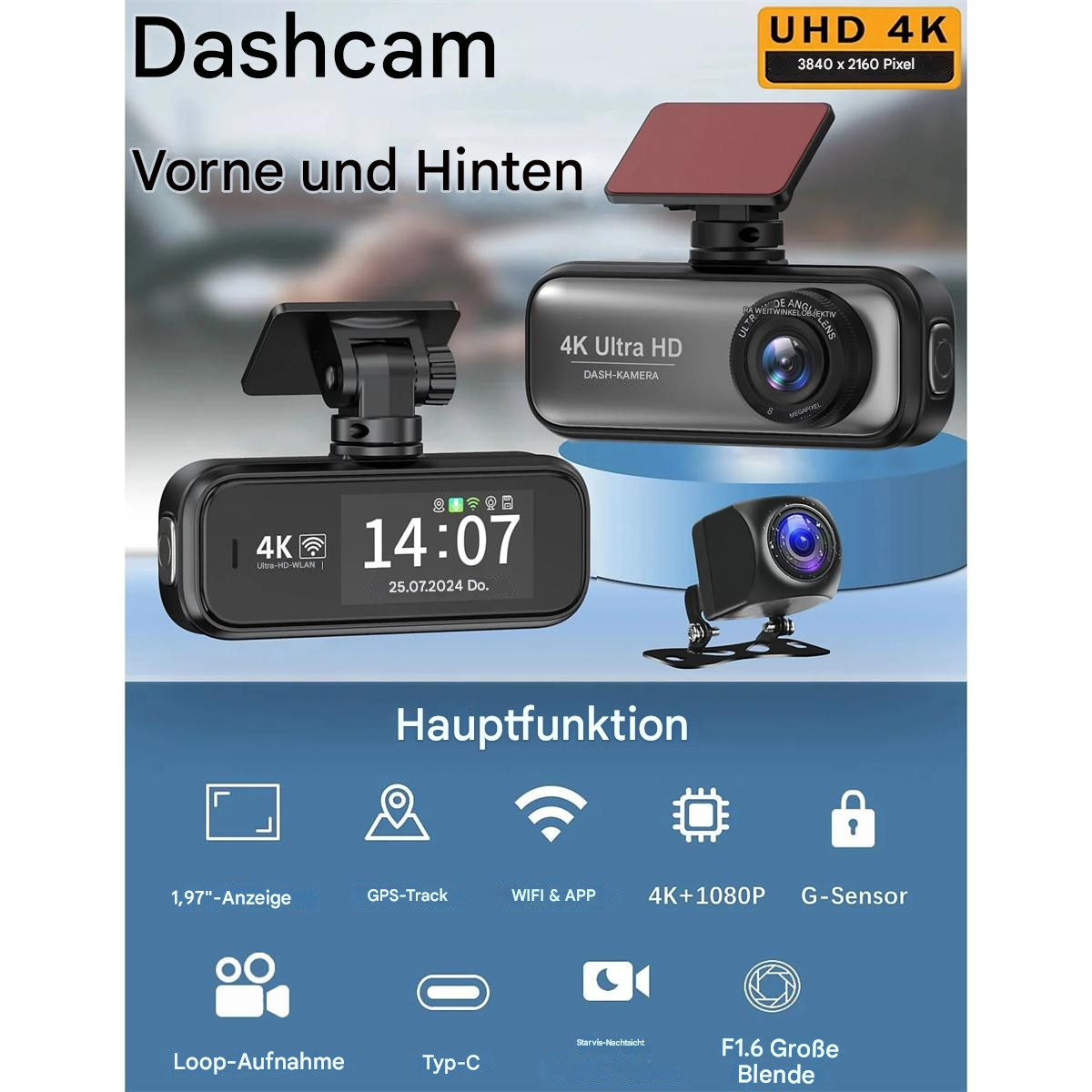 Ein Dashcam-Gerät mit zwei Kameras, einem Bildschirm mit Uhrzeit und Datum sowie verschiedenen Funktionssymbolen.