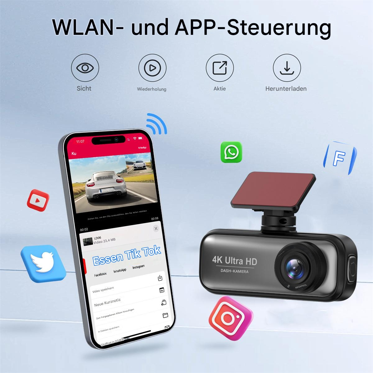 Dashcam, Telefon mit App und verschiedene Social-Media-Icons.