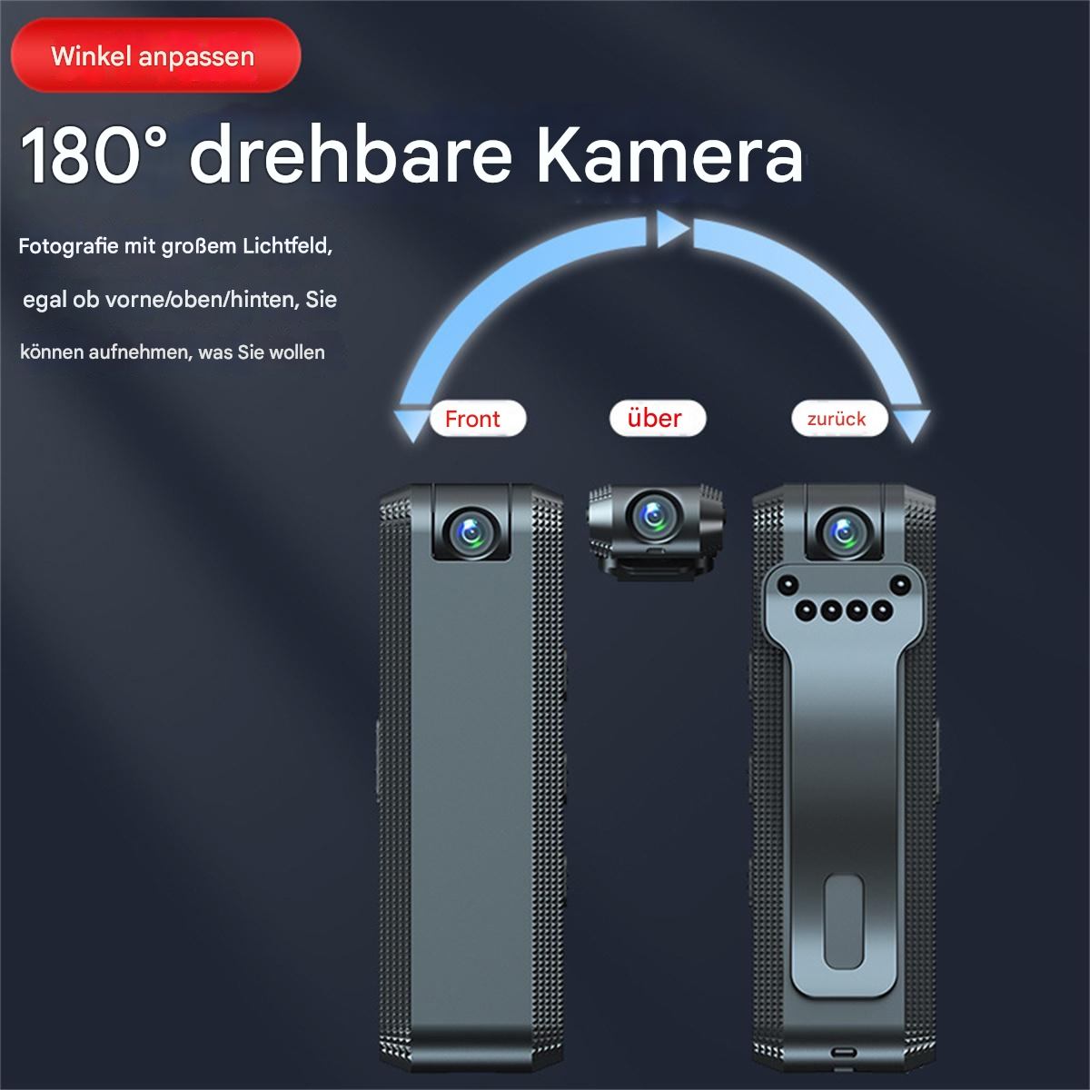 Diagramm einer Kamera mit drehbarem Objektiv, das Vorder-, Seiten- und Rückansicht zeigt.