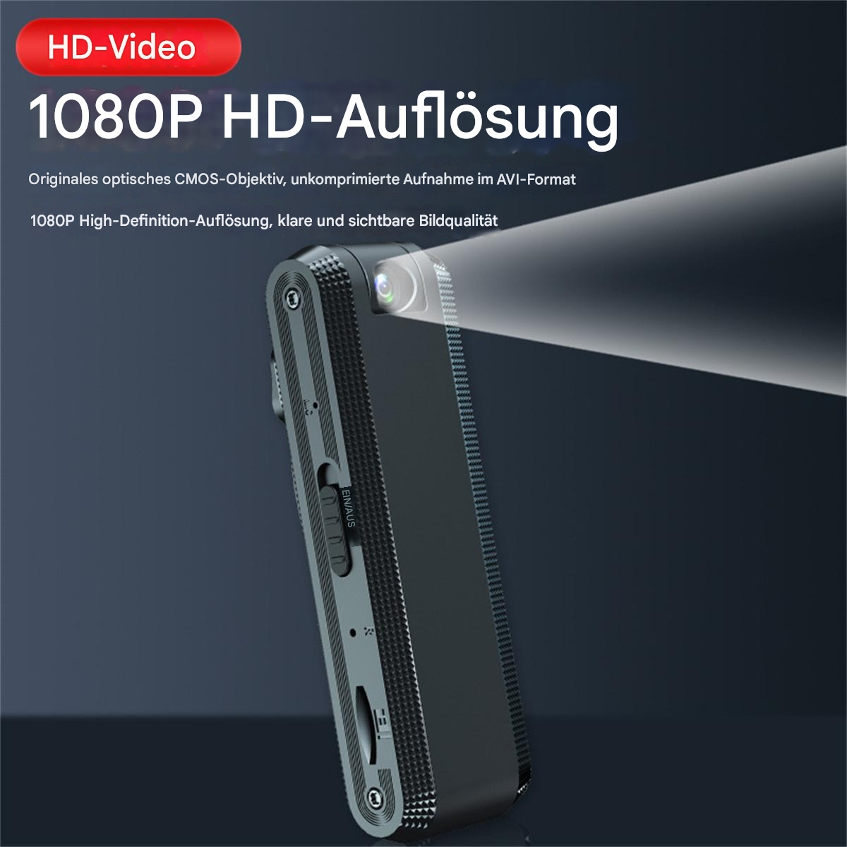 Ein schwarzer Projektor mit Lichtstrahl, der seine 1080P HD-Auflösung zeigt.