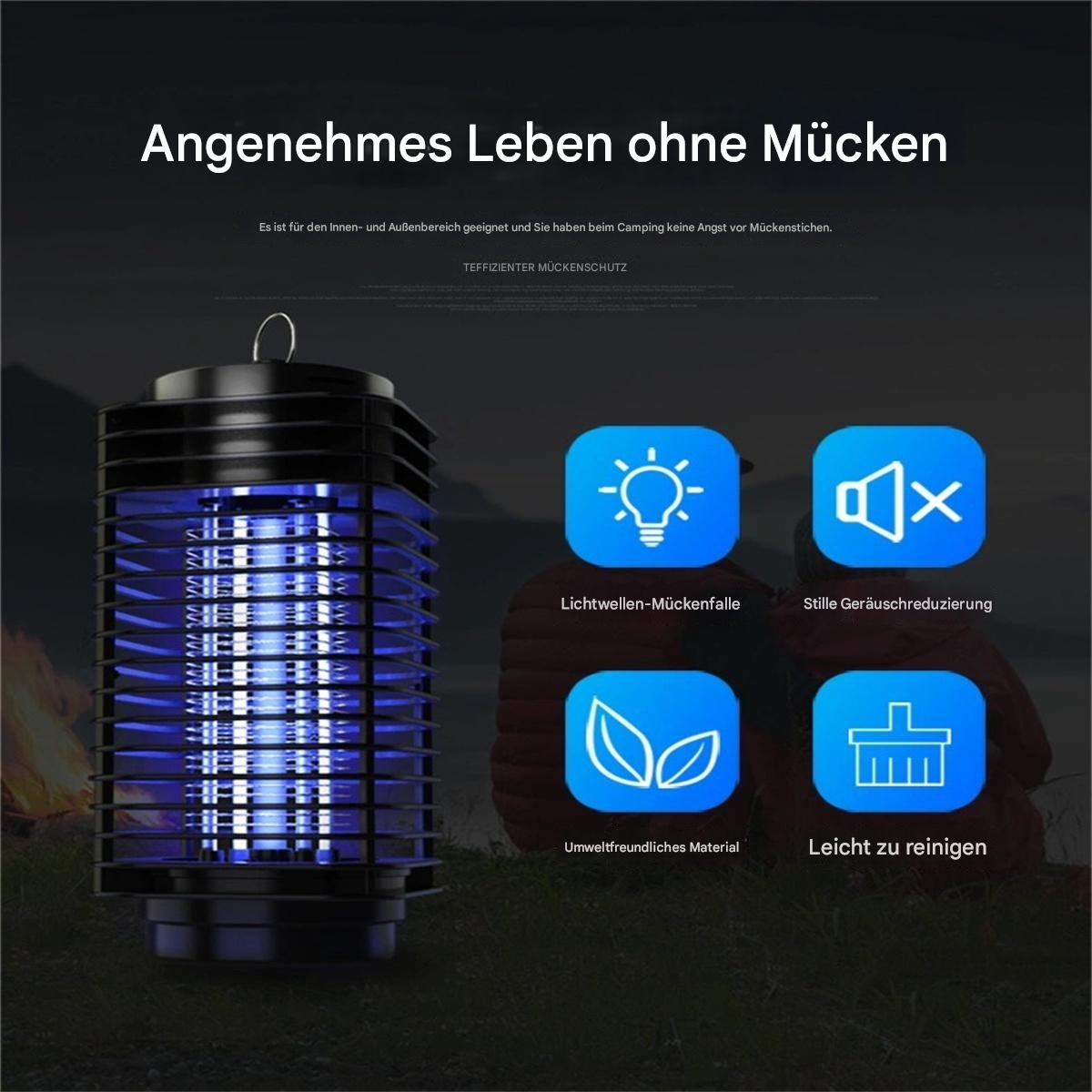 Blauer Insektenvernichter mit Symbolen. Symbole zeigen eine Glühbirne, ein Ton-aus-Symbol, ein Blatt und einen Mülleimer.