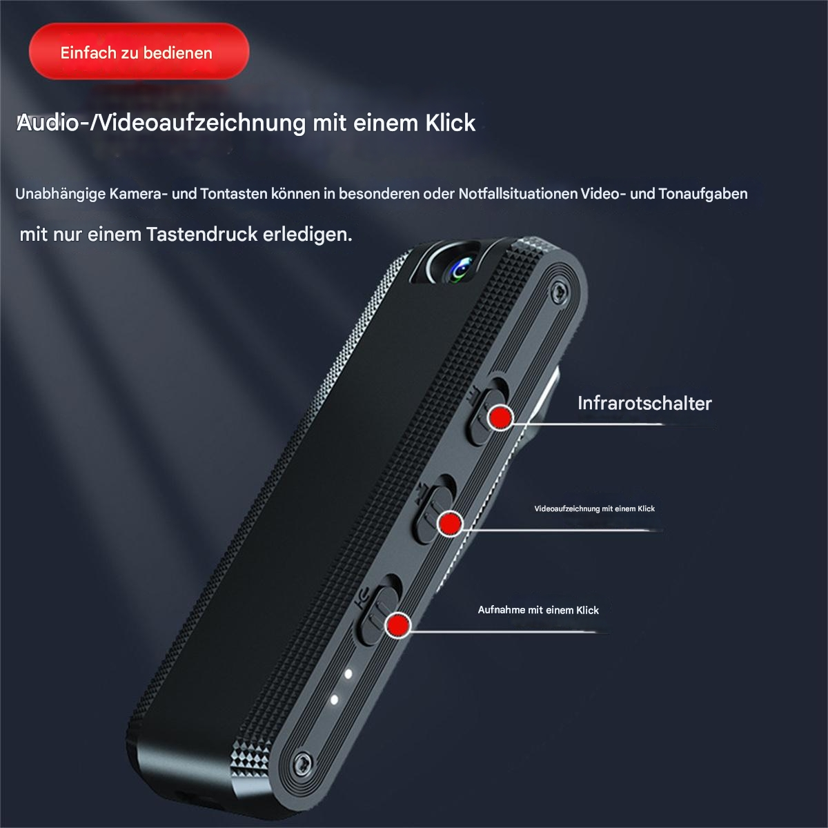Ein schwarzer Audio-/Videorekorder mit roten Knöpfen, mit deutschem Text.
