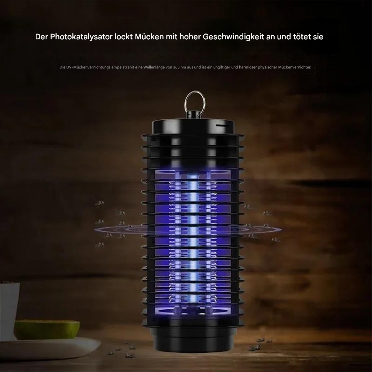 Schwarzer Mückenvernichter mit violettem UV-Licht, das Insekten anzieht. Umgeben von kleinen Insektensilhouetten.