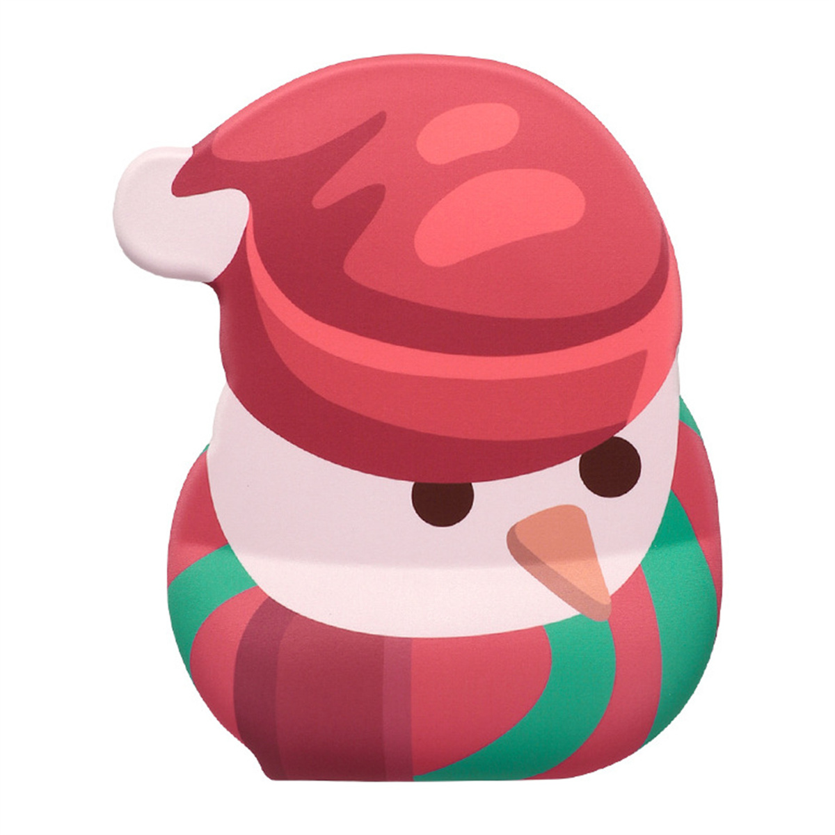 Ein Schneemann-Spielzeug mit roter Mütze und gestreiftem Schal. Weißer Hintergrund.