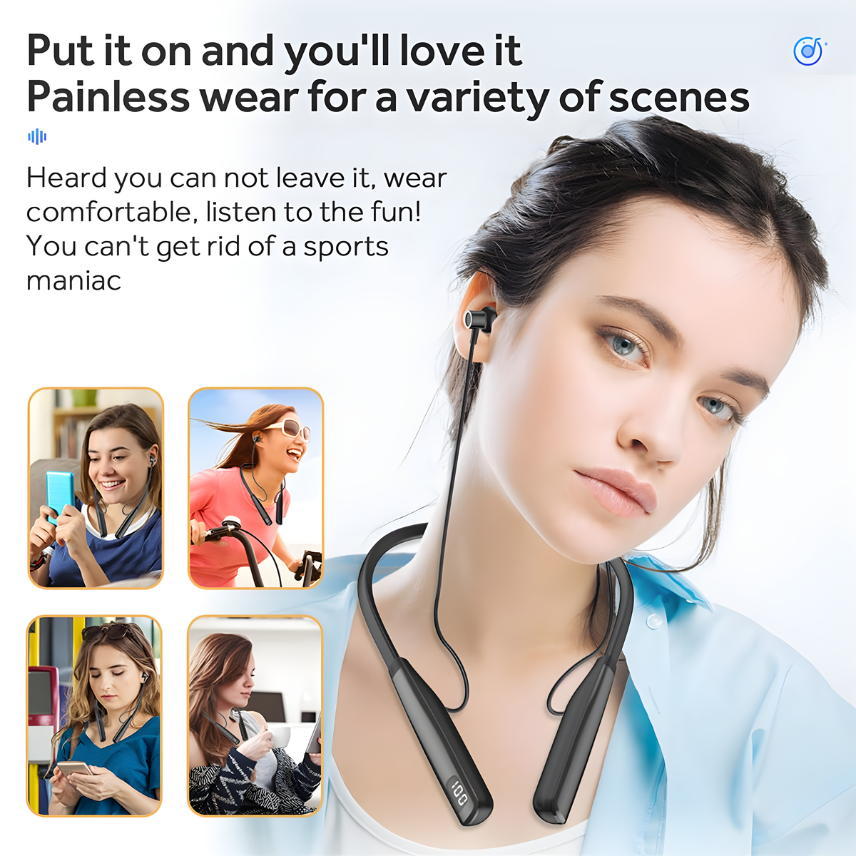 Eine Frau mit einem schwarzen Nackenbügel-Headset, mit Lifestyle-Bildern im Hintergrund.
