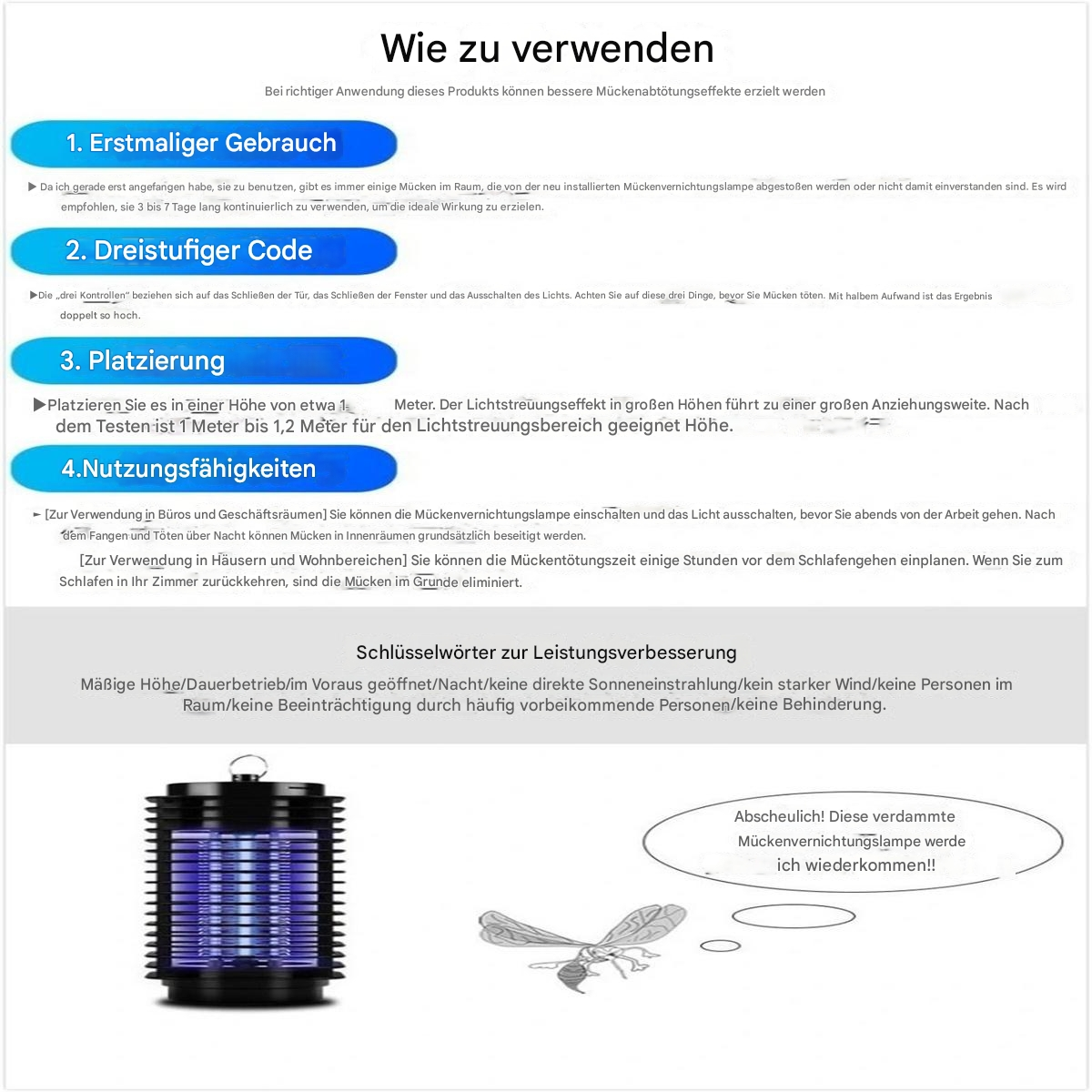 Text auf dem Bild beschreibt, wie man eine Moskitolampe verwendet. Die Lampe ist schwarz und blau.