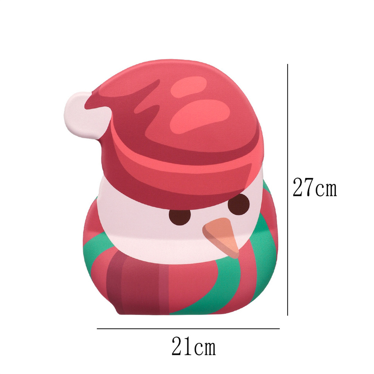 Eine schneemannförmige Dekoration mit rotem Hut und Schal. Sie ist aus Pappe gefertigt.