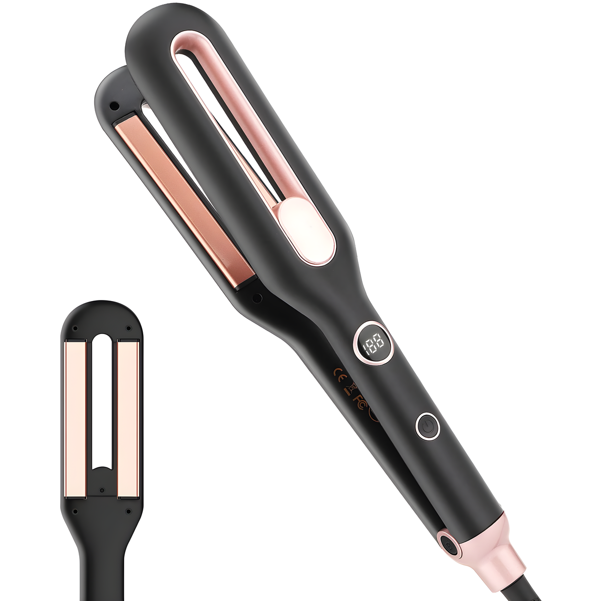 Schwarzer und roségoldener Haarglätter und ein separater kleiner Aufsatz auf weißem Hintergrund.