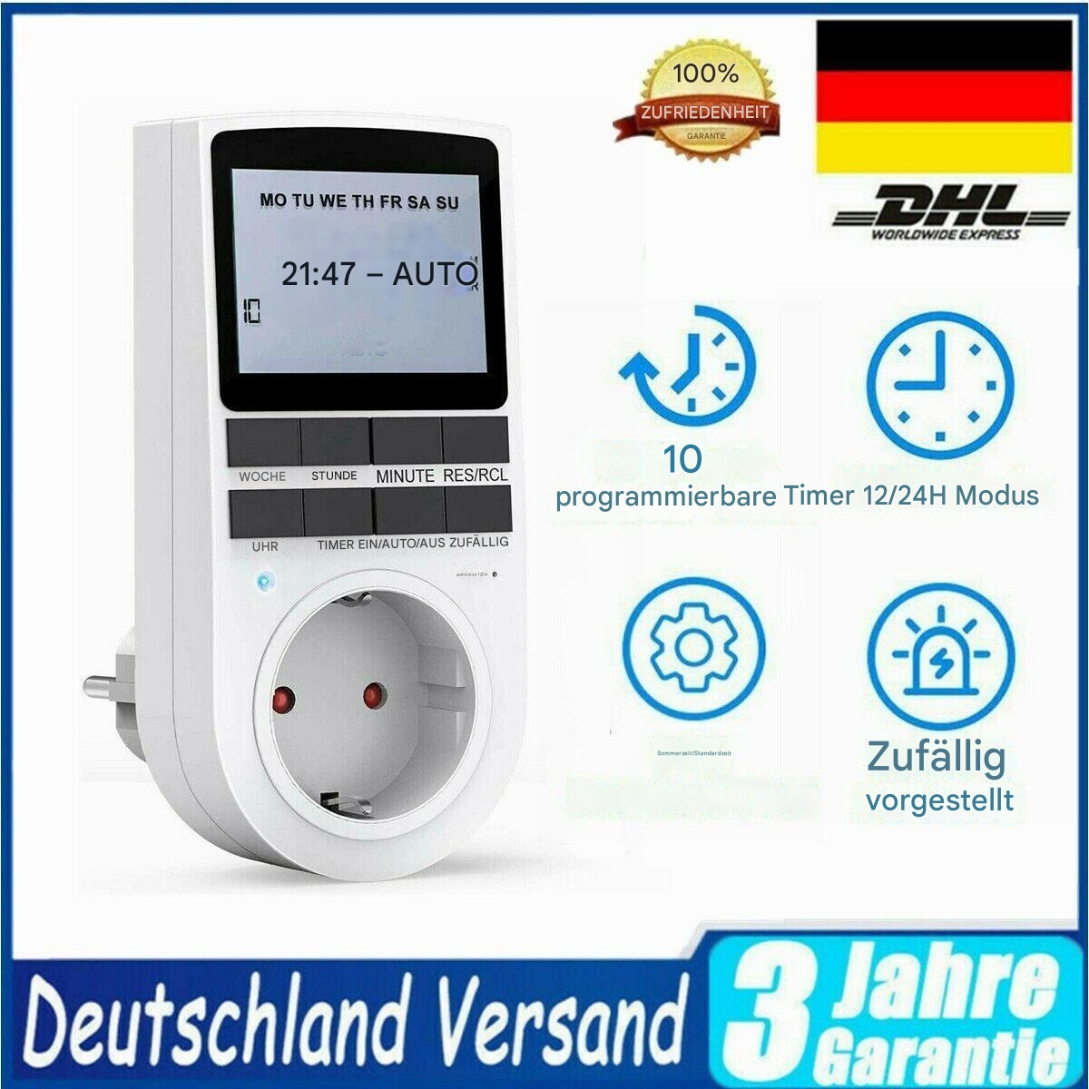Weißer digitaler Timer mit Display, deutsche Flagge und Werbegrafiken.