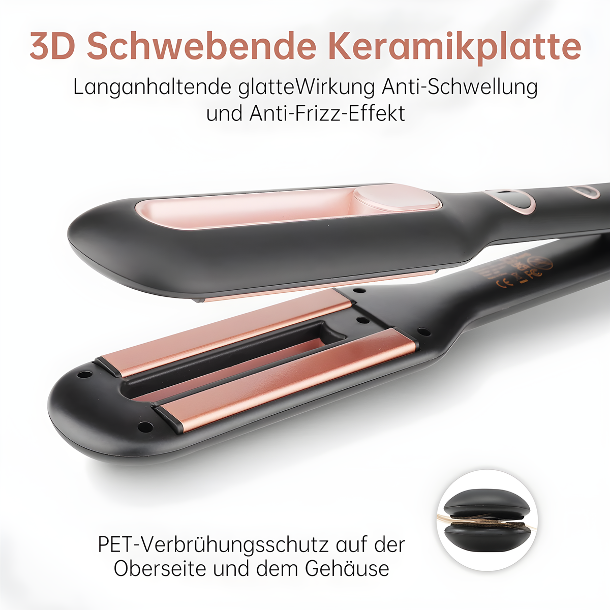 Schwarzer und roségoldener Haarglätter, mit Text auf Deutsch.