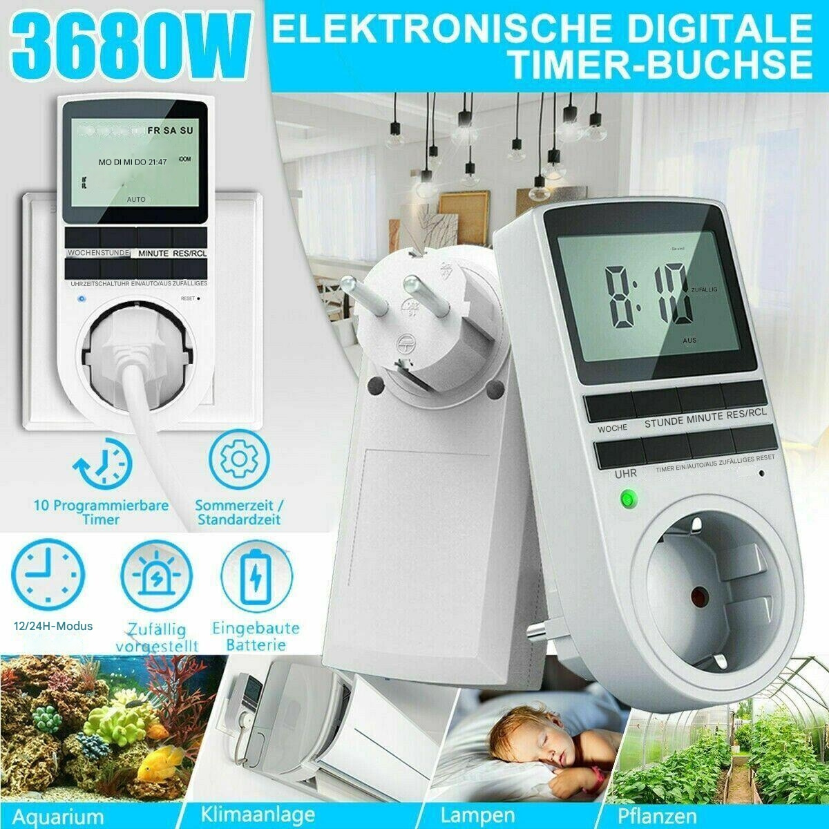 Ein weißer digitaler Timer, der in eine Steckdose eingesteckt ist. Zusätzliche Bilder zeigen einen Timer und Nutzungsszenarien.