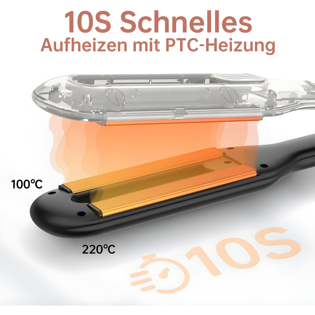 Ein Haarglätter mit schwarzem Griff und orangefarbenen Heizplatten. Text- und Temperaturdetails werden angezeigt.