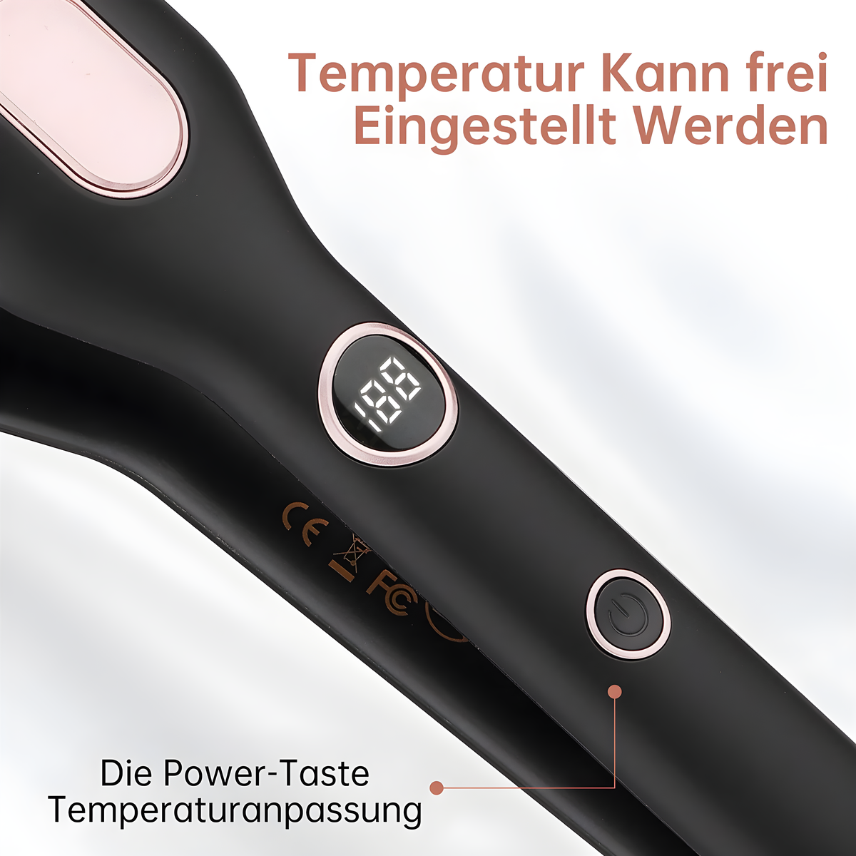 Schwarzer Haarglätter mit Digitalanzeige 188. Ein/Aus-Taste rechts.