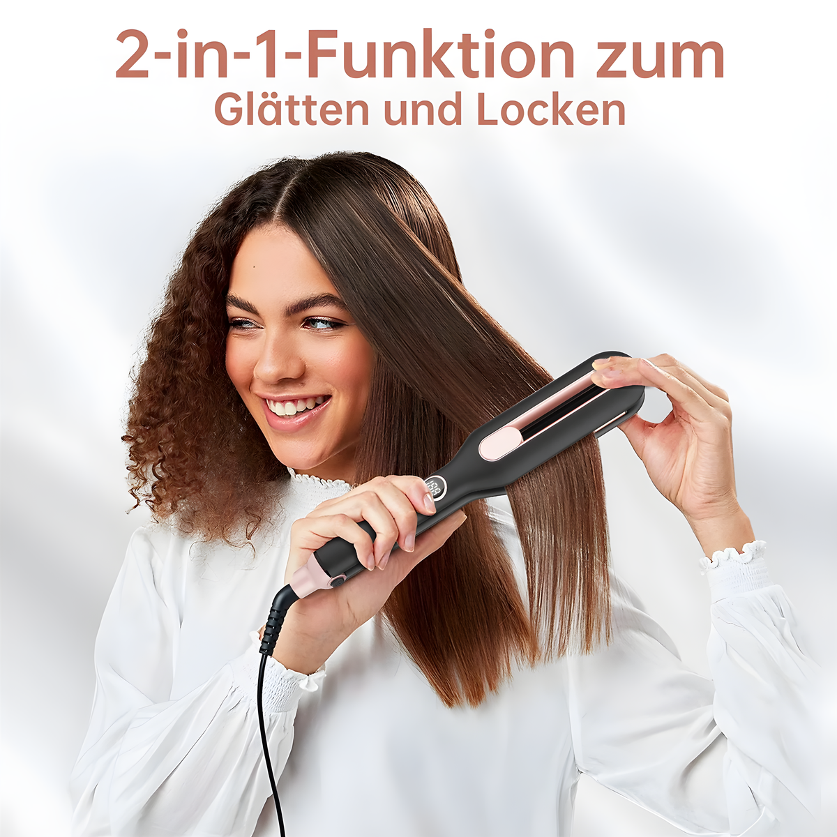 Eine Frau benutzt einen schwarz-rosa Haarglätter, darüber deutscher Text.