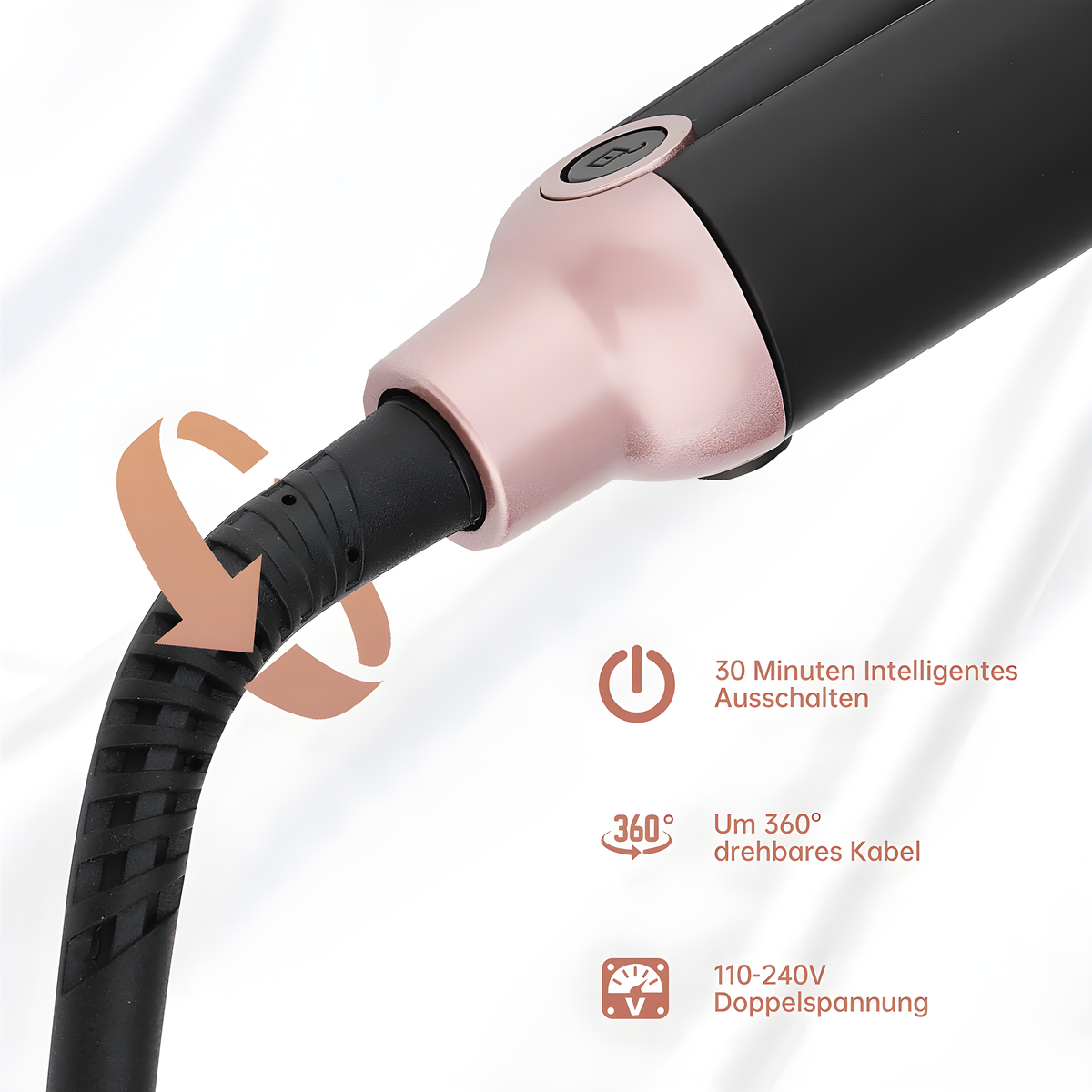 Ein schwarzer und roségoldener Haarglätter mit Ein-/Aus-Taste, Kabel und Symbolen.