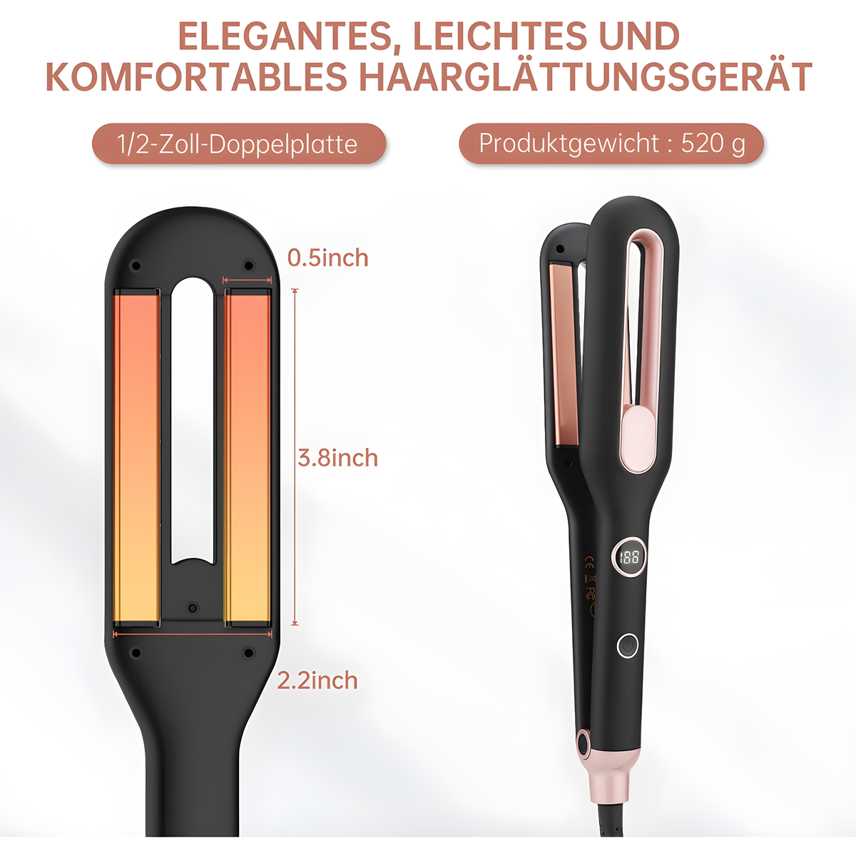 Schwarzes und roségoldenes Glätteisen mit Abmessungsdetails und Maßen.