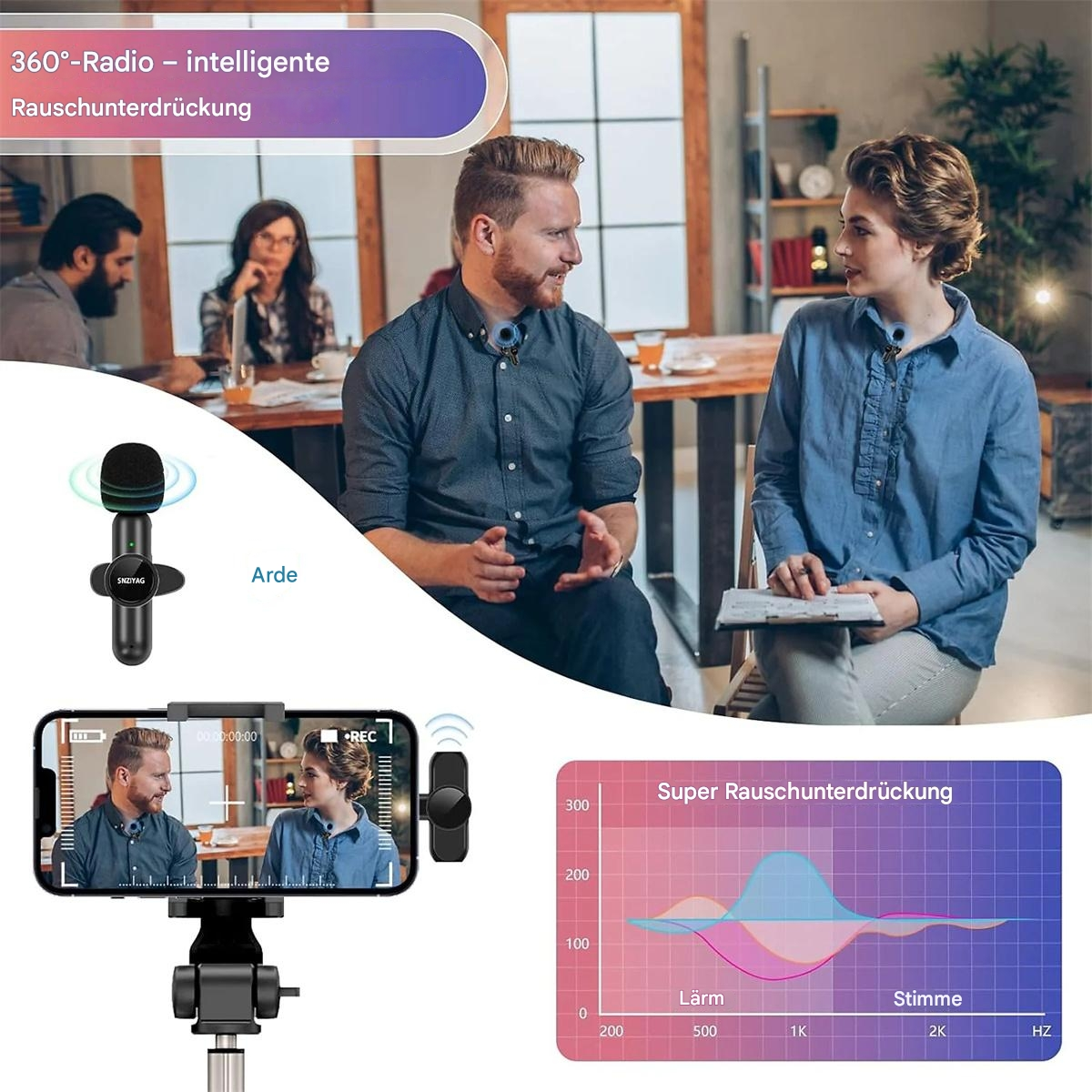 Personen in einem Meeting, ein Mikrofonsystem, ein Telefon mit Videoaufzeichnung und ein Diagramm.