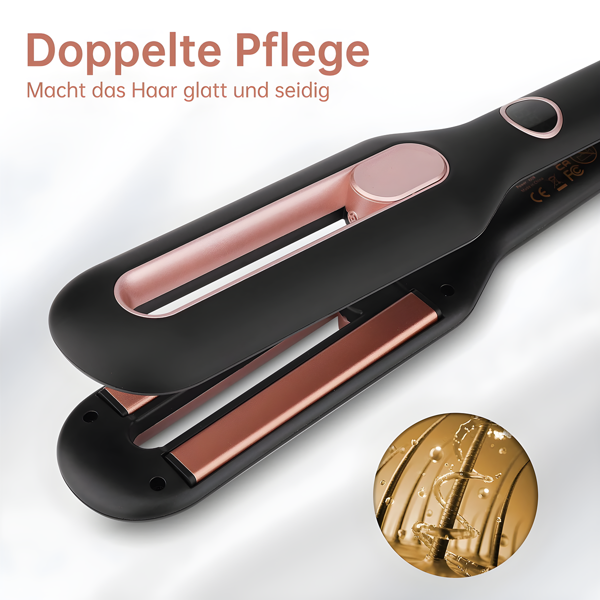 Ein schwarzer und roségoldener Haarglätter mit Nahaufnahme von geglättetem Haar, das den Effekt zeigt.