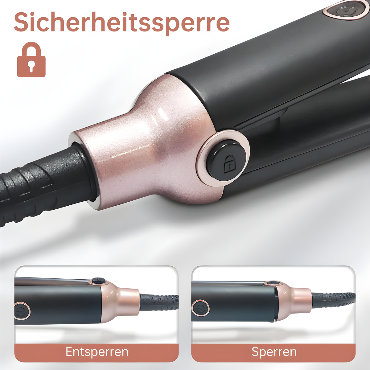 Ein schwarz-roségoldenes Glätteisen. Sicherheitsverriegelung angezeigt. Entriegeln und sperren.