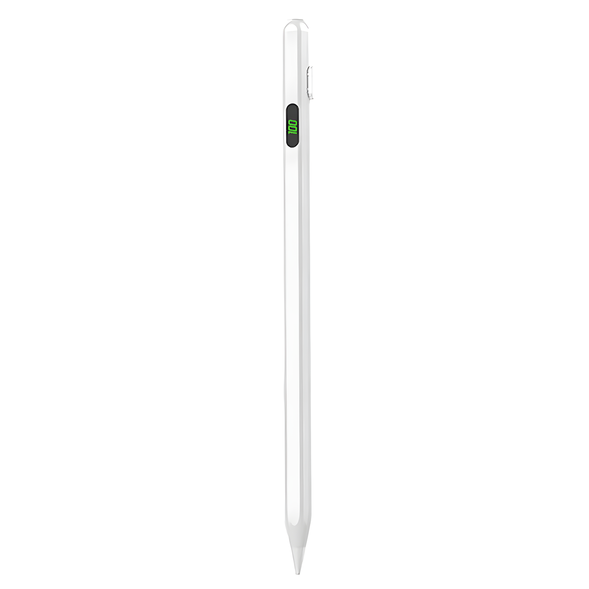 Ein weißer Eingabestift mit einer kleinen Digitalanzeige, die den Akkustand anzeigt.