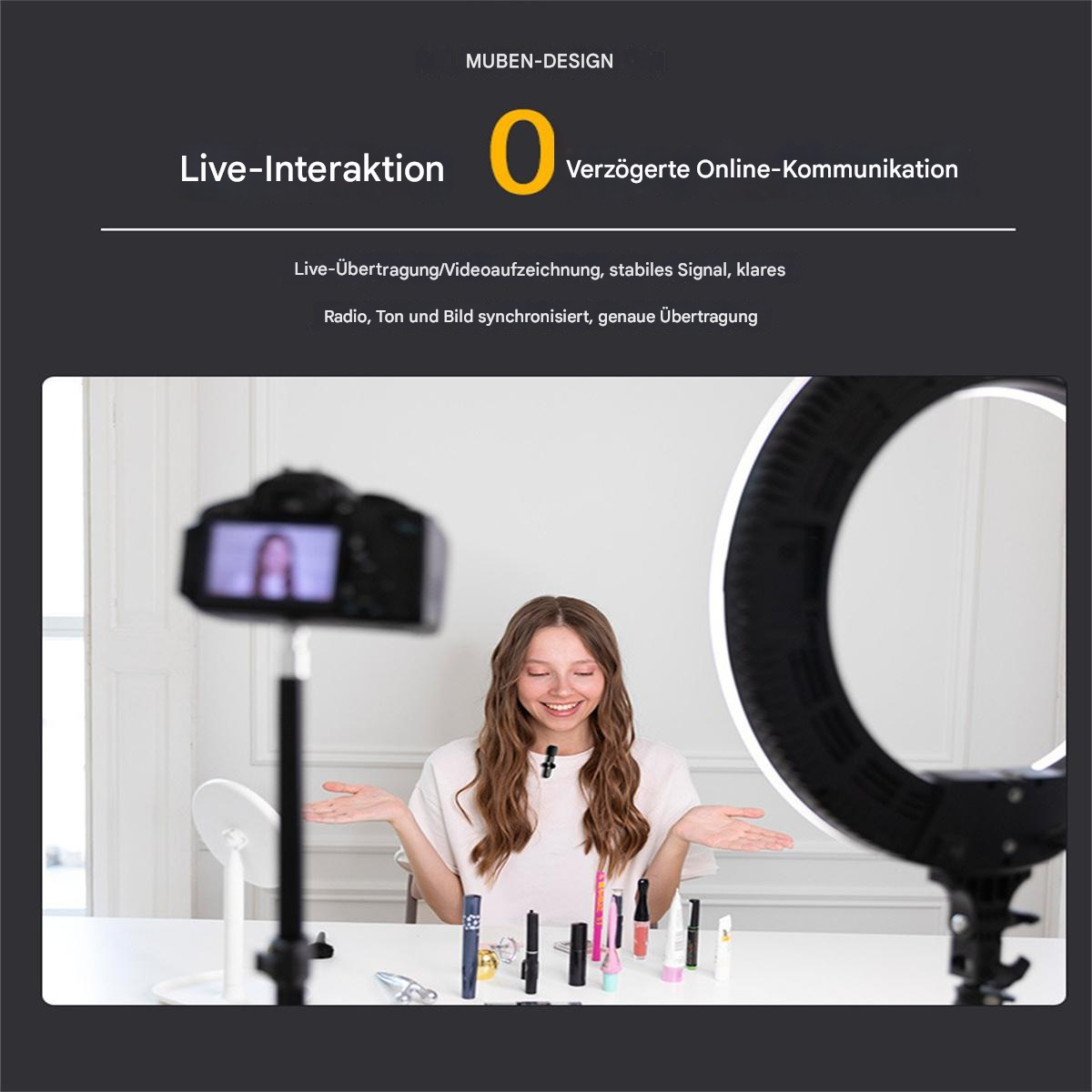 Eine Frau filmt mit Ringlicht und Kamera, mit Make-up-Produkten.