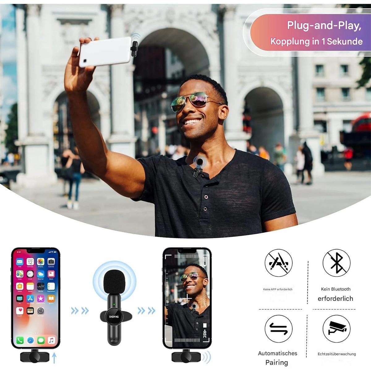 Mann, der ein drahtloses Mikrofon verwendet, das mit einem Telefon verbunden ist, mit App- und Bluetooth-Symbolen.