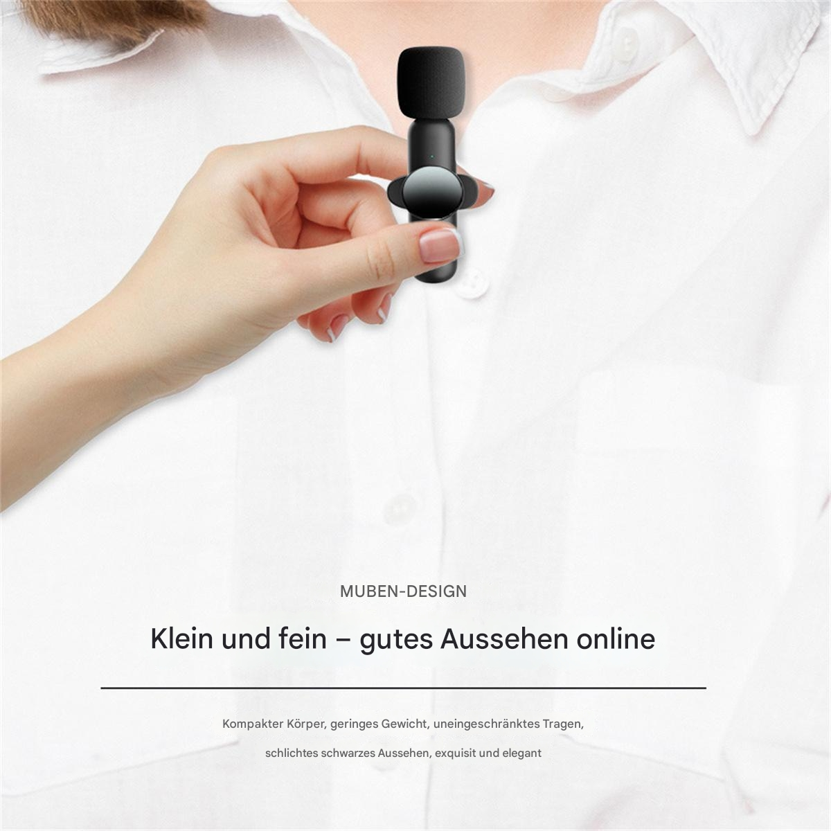 Ein kleines schwarzes Mikrofon, das an einem weißen Hemdkragen befestigt ist. Text: 'Klein und fein - gutes Aussehen online'.
