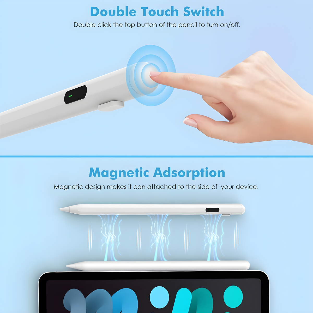 Doppeltouch-Stift und magnetische Adsorption. Oben wird ein Stift, ein Knopf und ein Finger gezeigt. Unten wird ein Stift auf einem Tablet gezeigt.