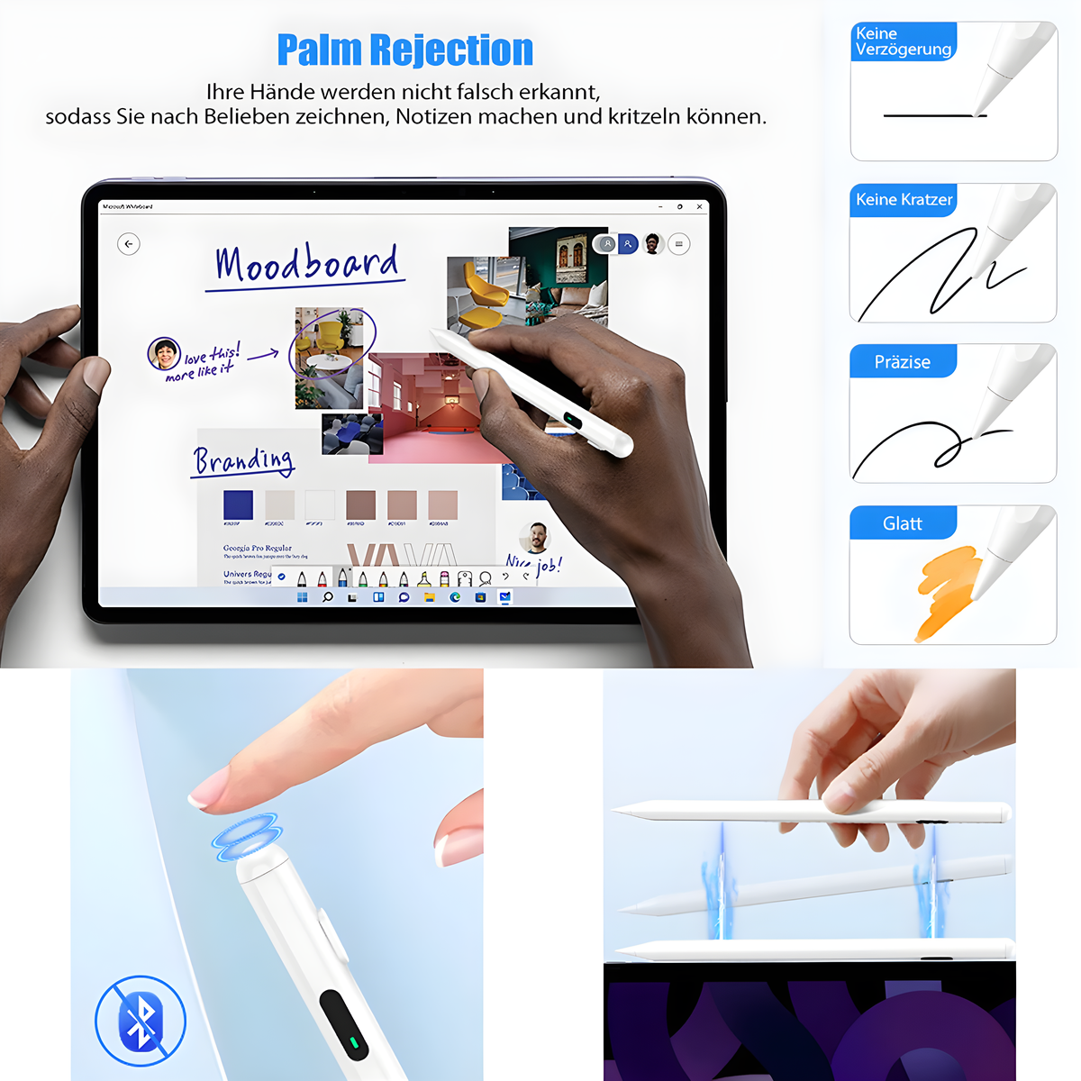 Ein Tablet mit Stift wird angezeigt. Der Stift schreibt auf den Bildschirm. Weitere Bilder zeigen die Stiftfunktionen.